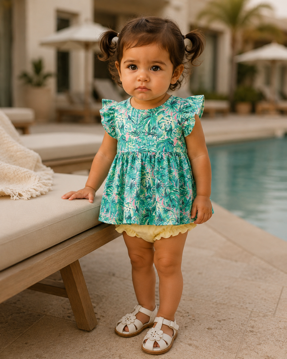 Floral baby dress with ruffled sleeves and cream bloomers, tropical green print