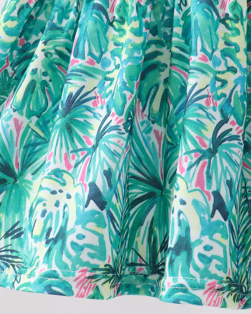 Teal and pink leaf floral fabric with gathered skirt detail