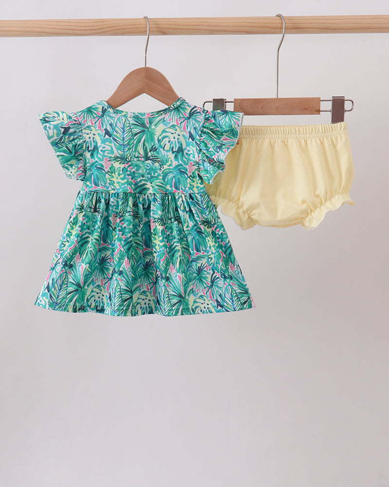 Tropical floral baby dress and cream bloomers set on hangers with puff sleeves
