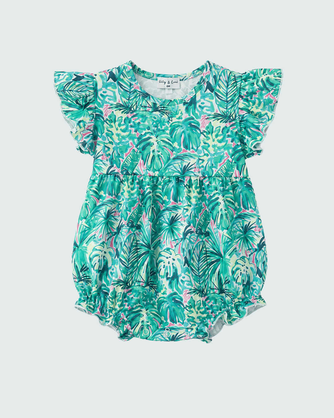Green floral toddler bubble romper with ruffled flutter sleeves
