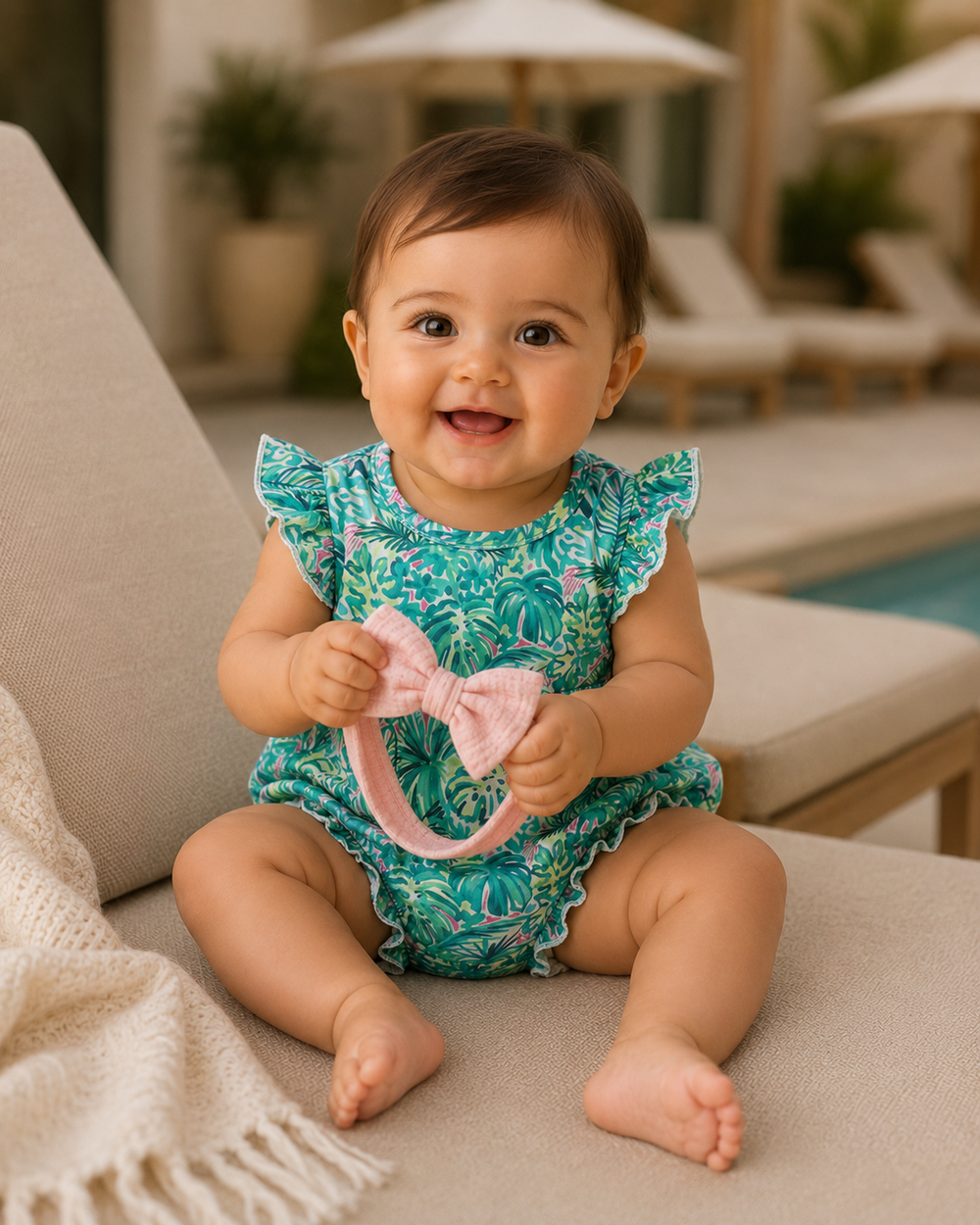 Tropical leaf floral baby bubble romper in teal green with pink accents, flutter sleeves