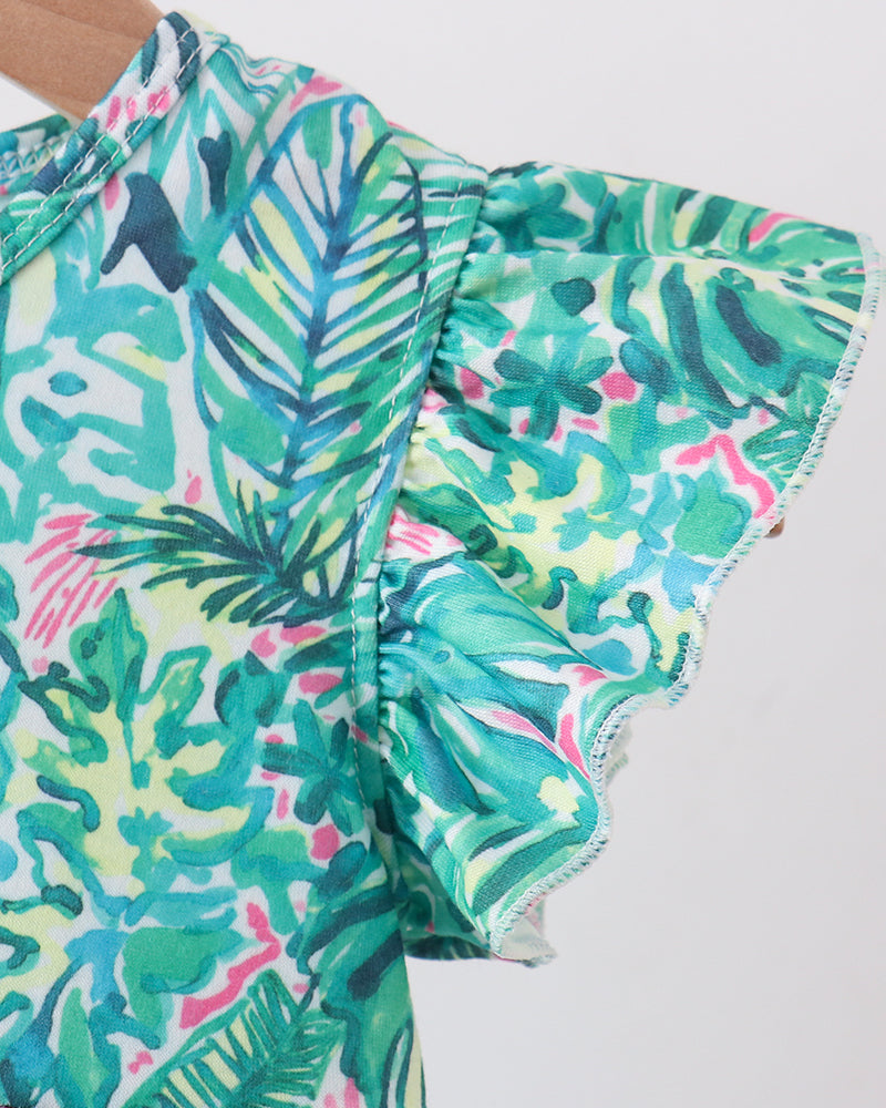 Tropical leaf print bubble romper with flutter ruffle sleeves and elastic neckline