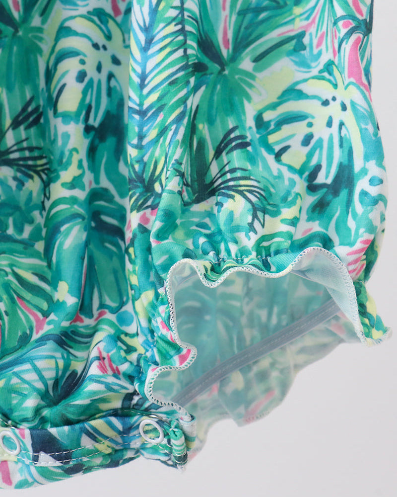 Tropical leaf bubble romper with scalloped mesh-trim hem and gathered waist