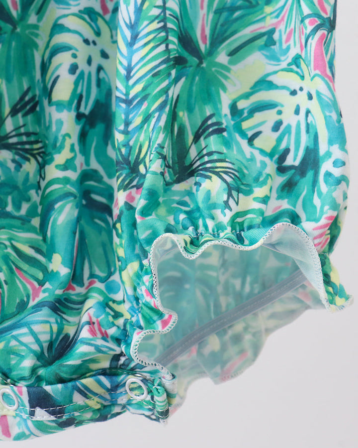 Tropical leaf bubble romper with scalloped mesh-trim hem and gathered waist