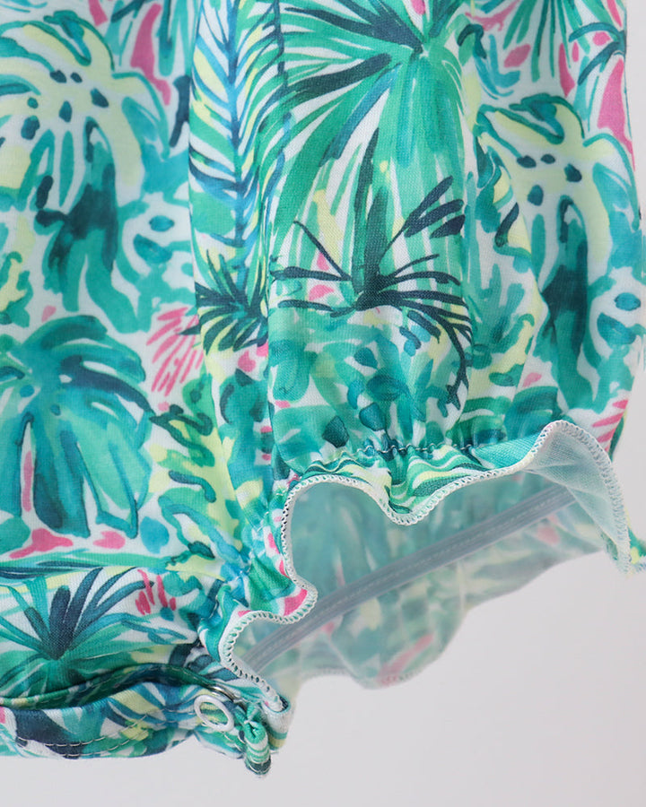 Tropical leaf bubble romper with scalloped mesh-trim and short ruffled hem