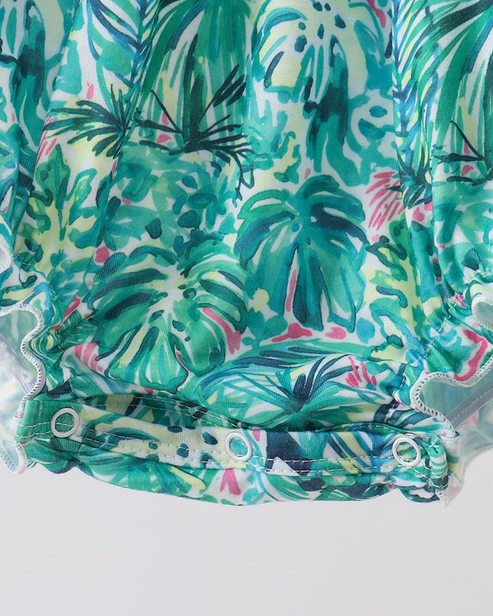 Tropical leaf bubble romper with elastic waist and buttoned closure