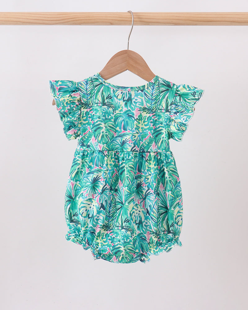 Tropical leaf floral bubble romper with flutter sleeves and elastic waist