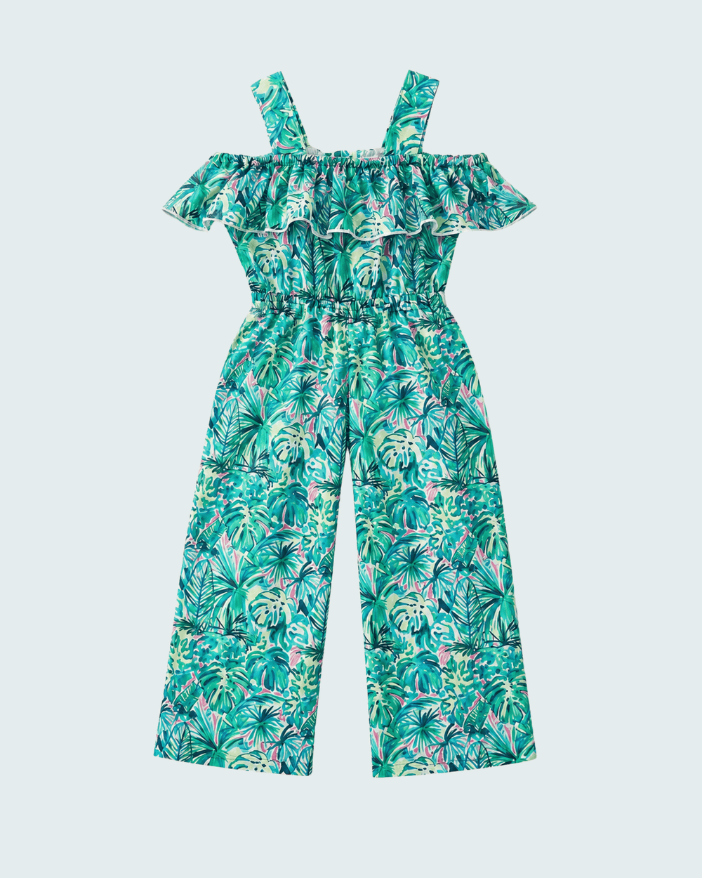 Turquoise tropical floral jumpsuit with ruffled off-shoulder sleeves and smocked waist