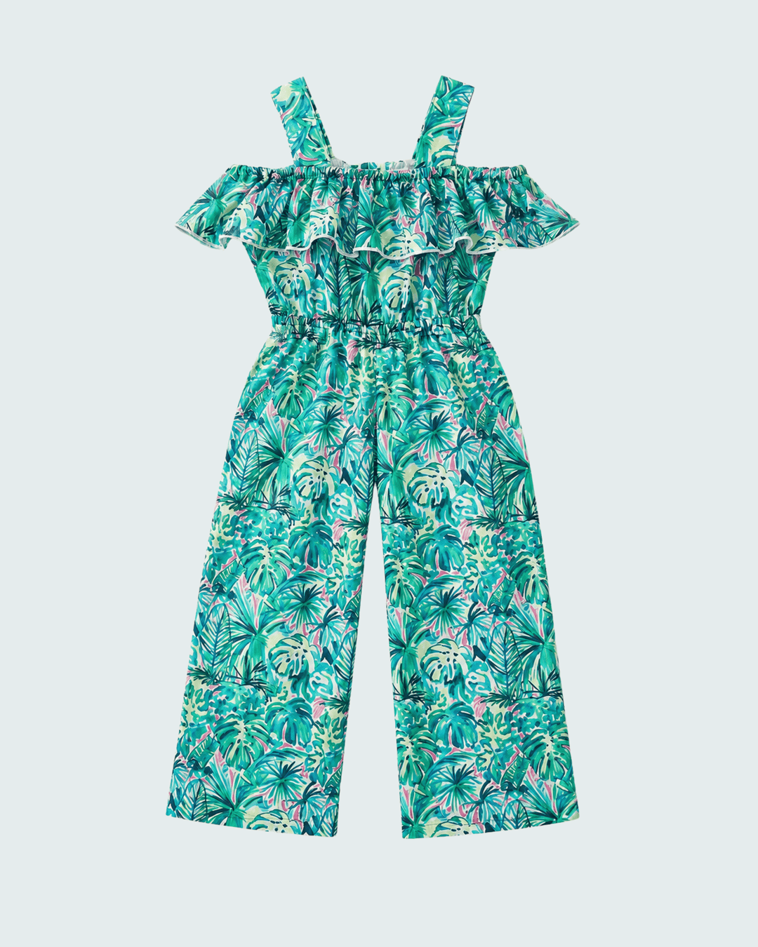 Turquoise tropical floral jumpsuit with ruffled off-shoulder sleeves and smocked waist