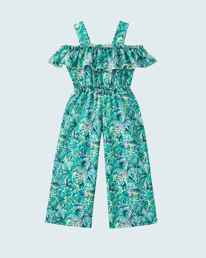 Turquoise tropical floral jumpsuit with ruffled off-shoulder sleeves and smocked waist