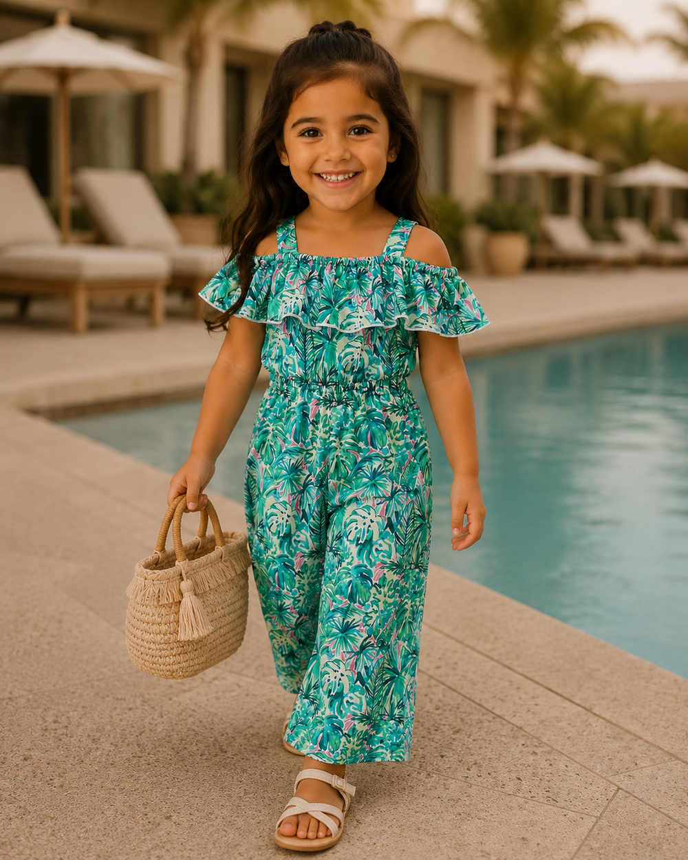 Girls' turquoise floral jumpsuit with ruffled neckline and wide-leg pants