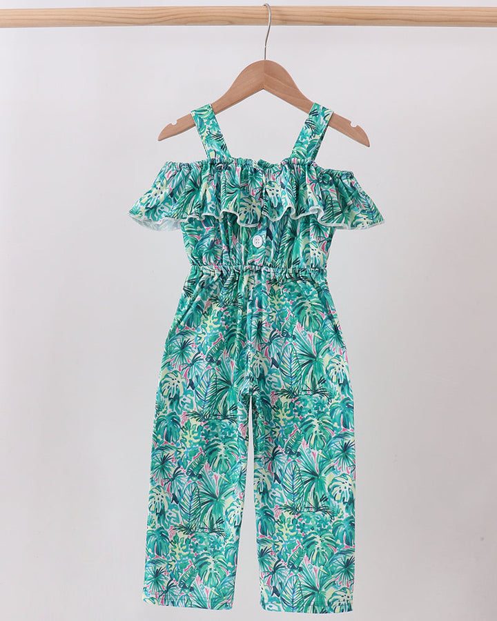 Green Lily floral jumpsuit with off-shoulder ruffle straps and wide-leg teal tropical print