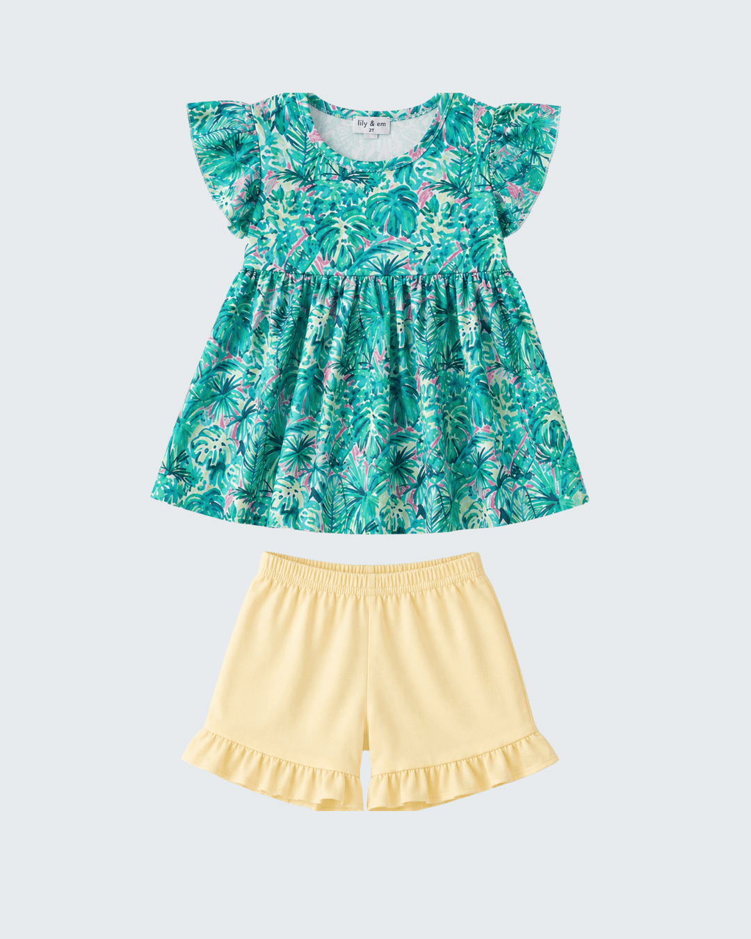 Kids floral dress and ruffle shorts set, turquoise green leaf print with yellow shorts