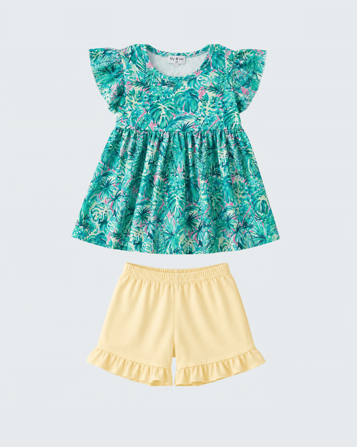 Kids floral dress and ruffle shorts set, turquoise green leaf print with yellow shorts