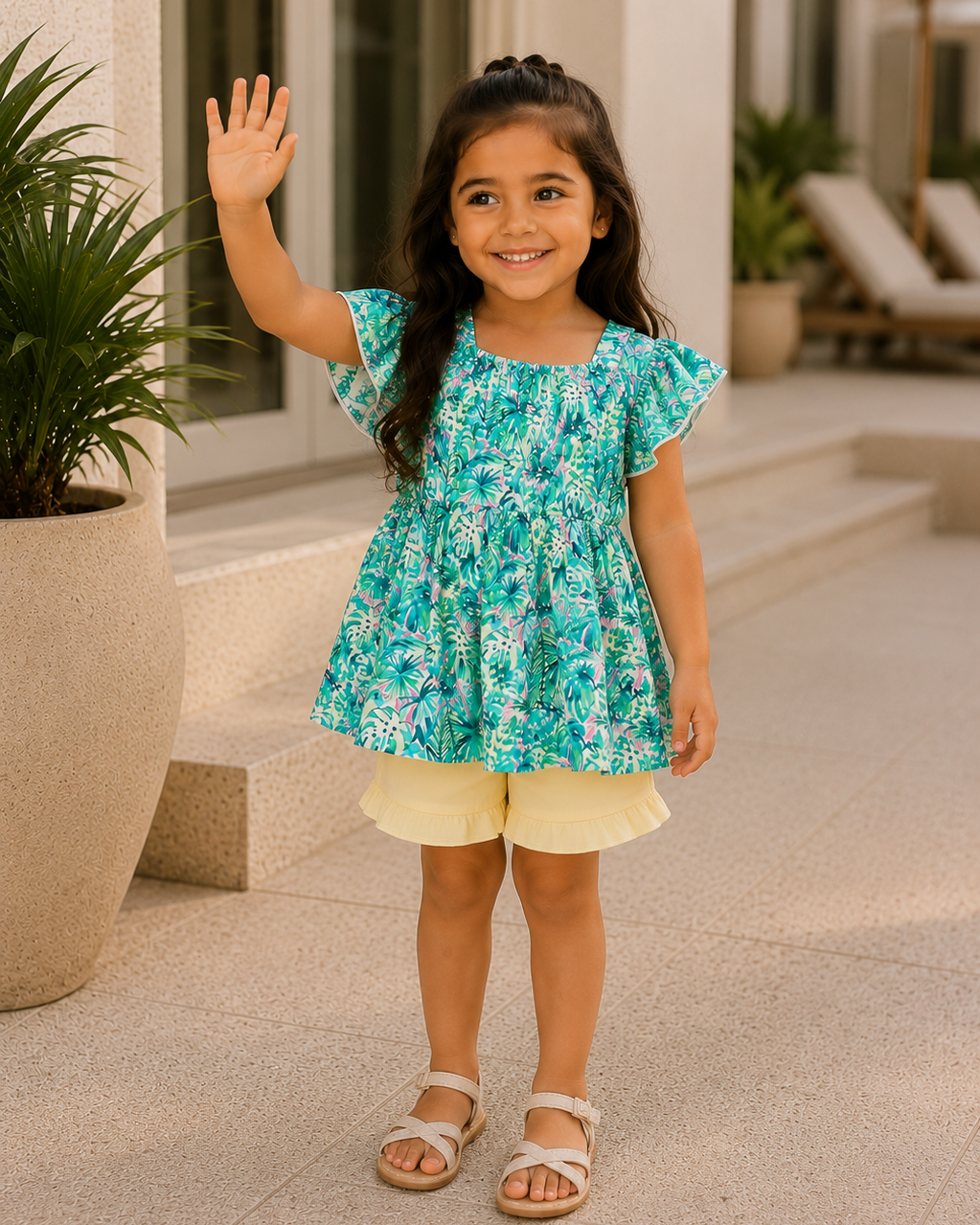 Turquoise floral flutter-sleeve dress with yellow ruffle shorts, worn with sandals