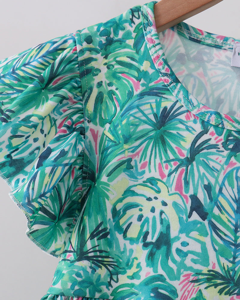 Green and blue tropical floral printed ruffled dress, cap sleeves detail
