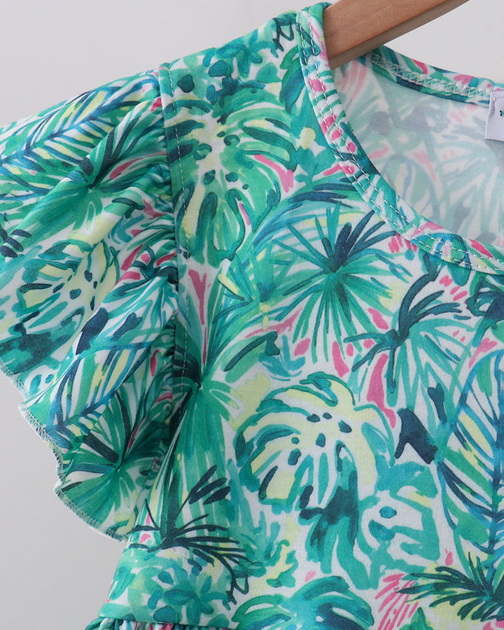 Green and blue tropical floral printed ruffled dress, cap sleeves detail