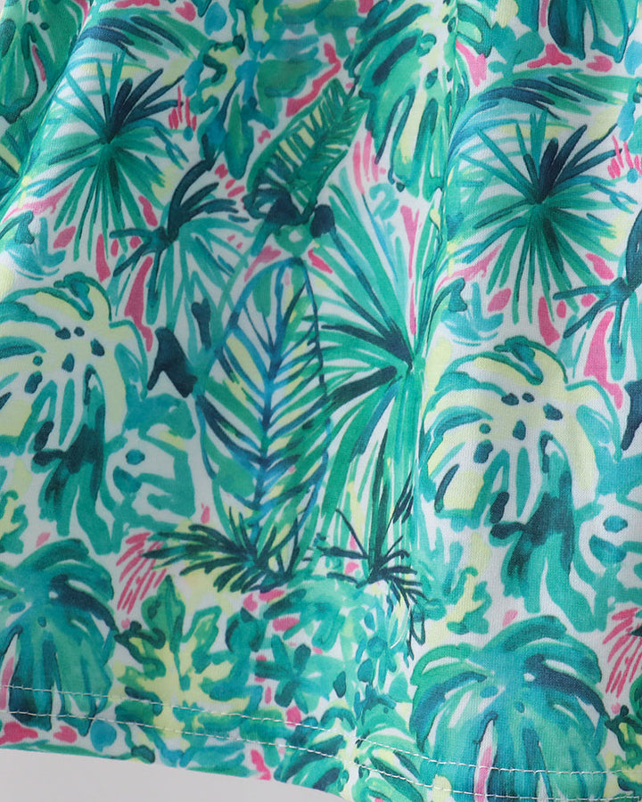 Green and blue tropical floral printed dress fabric with gathered waist