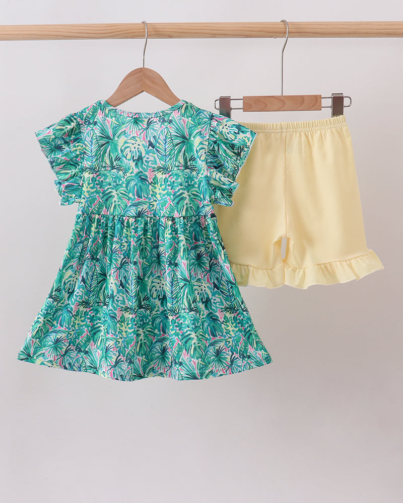 Tropical printed dress with cap sleeves and light yellow ruffled shorts set