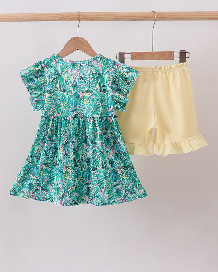 Tropical printed dress with cap sleeves and light yellow ruffled shorts set