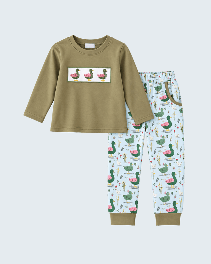 Green Mallard Duck Embroidered Pants Set