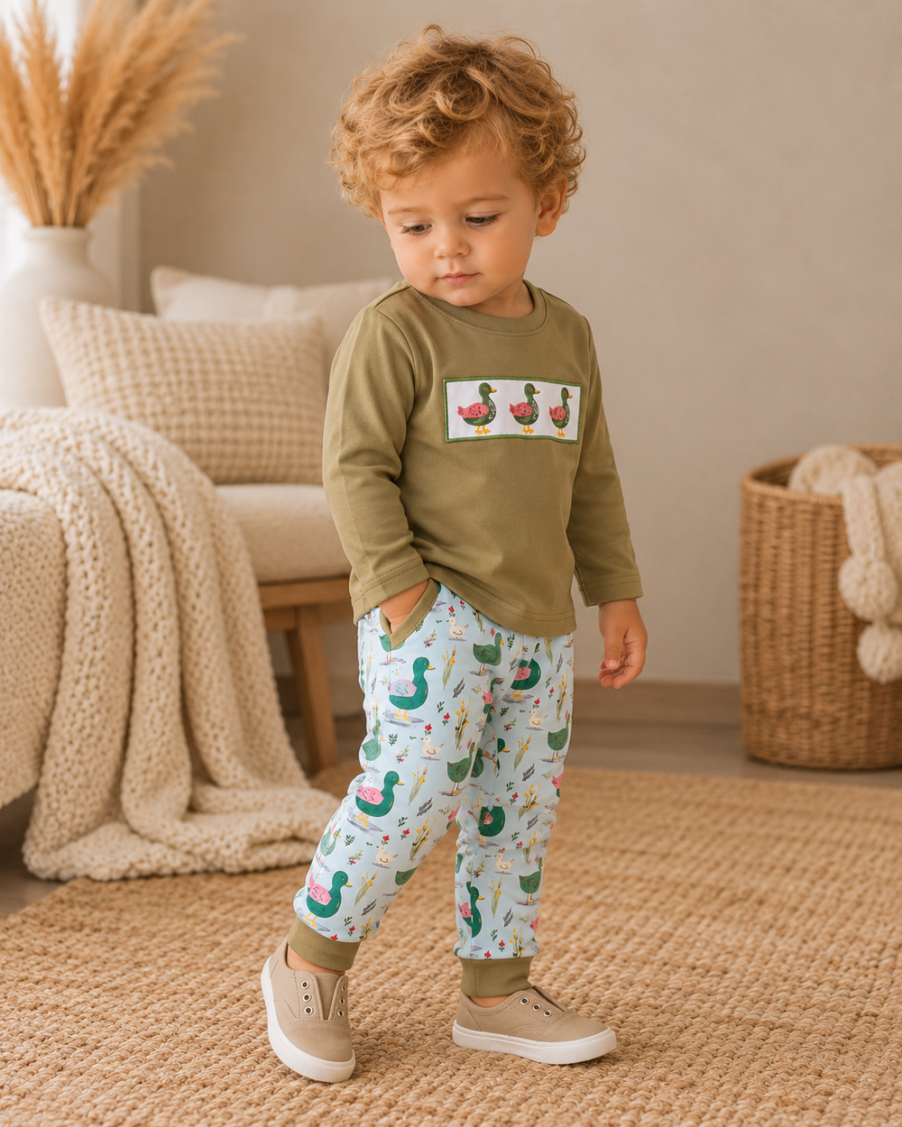 Toddler boy is wearing a Green Mallard Duck Embroidered Pants Set