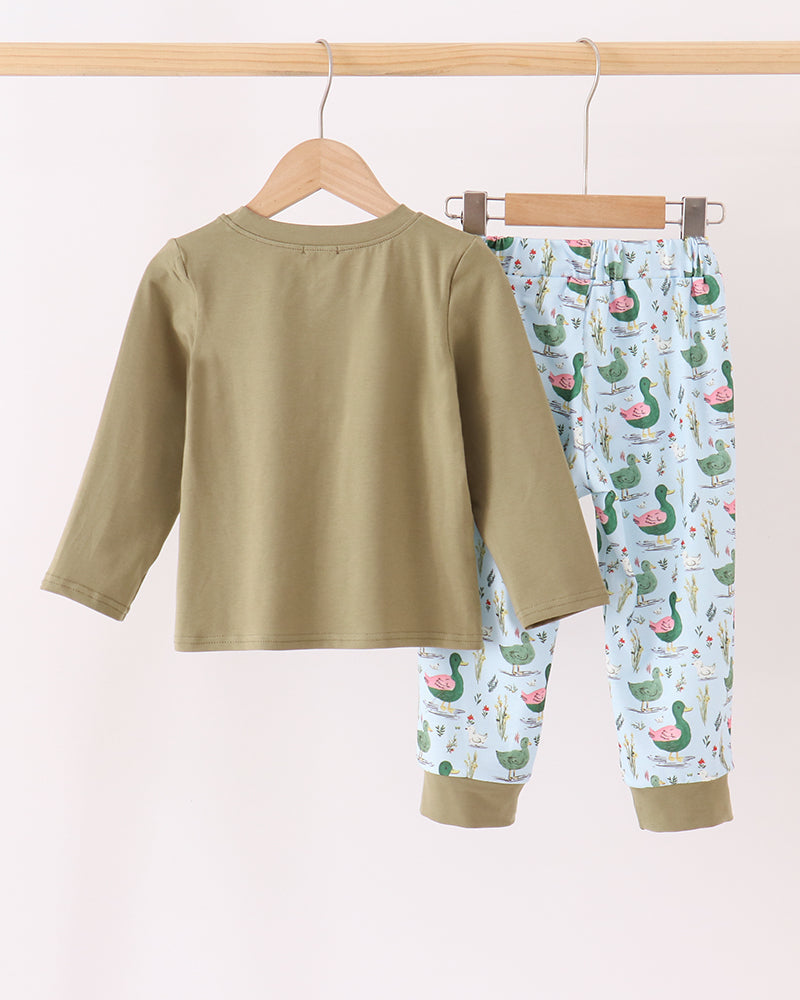 Kids olive long-sleeve top with bird-print pajama pants set, side view