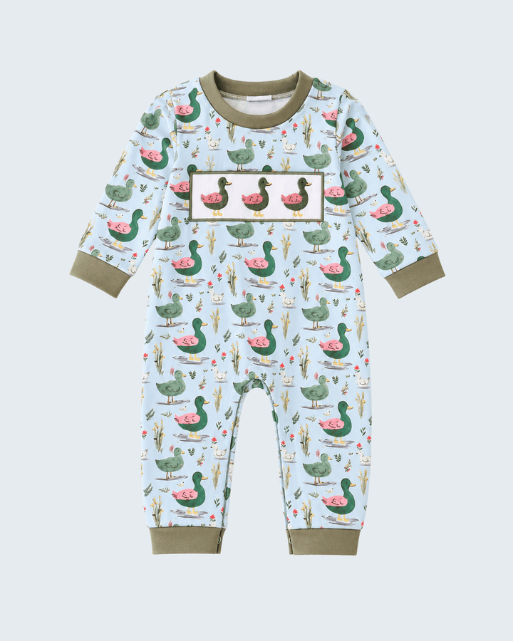Green Mallard Duck Embroidered Romper
