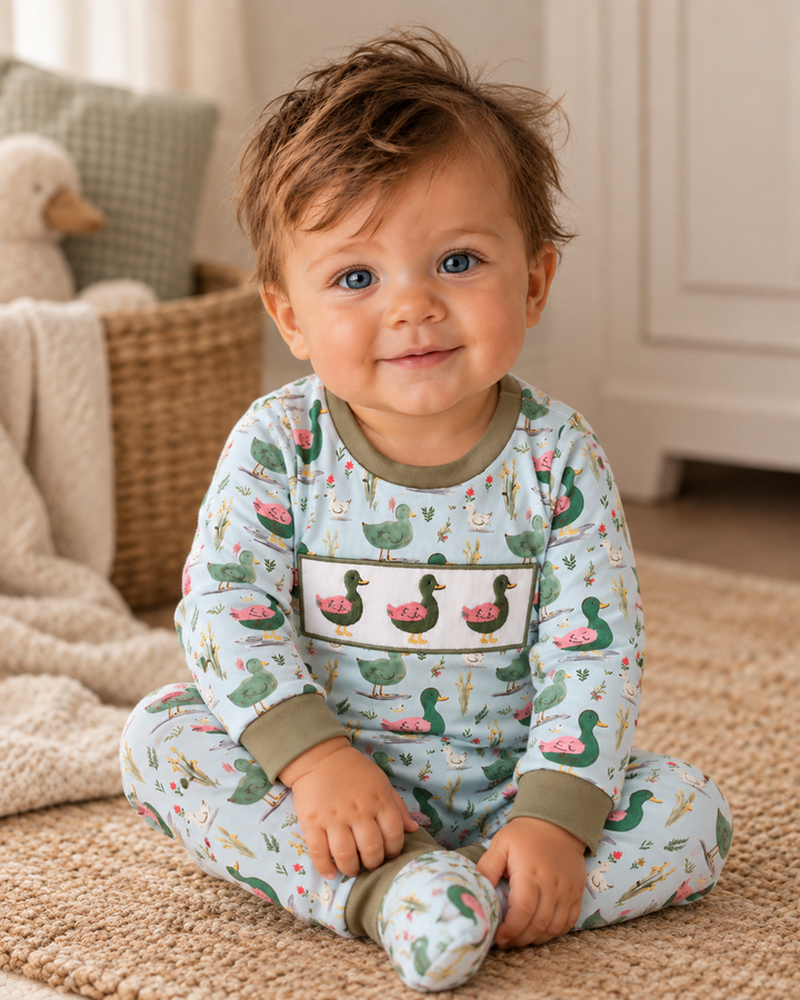 Green Mallard Duck Embroidered Romper boy is wearing a 