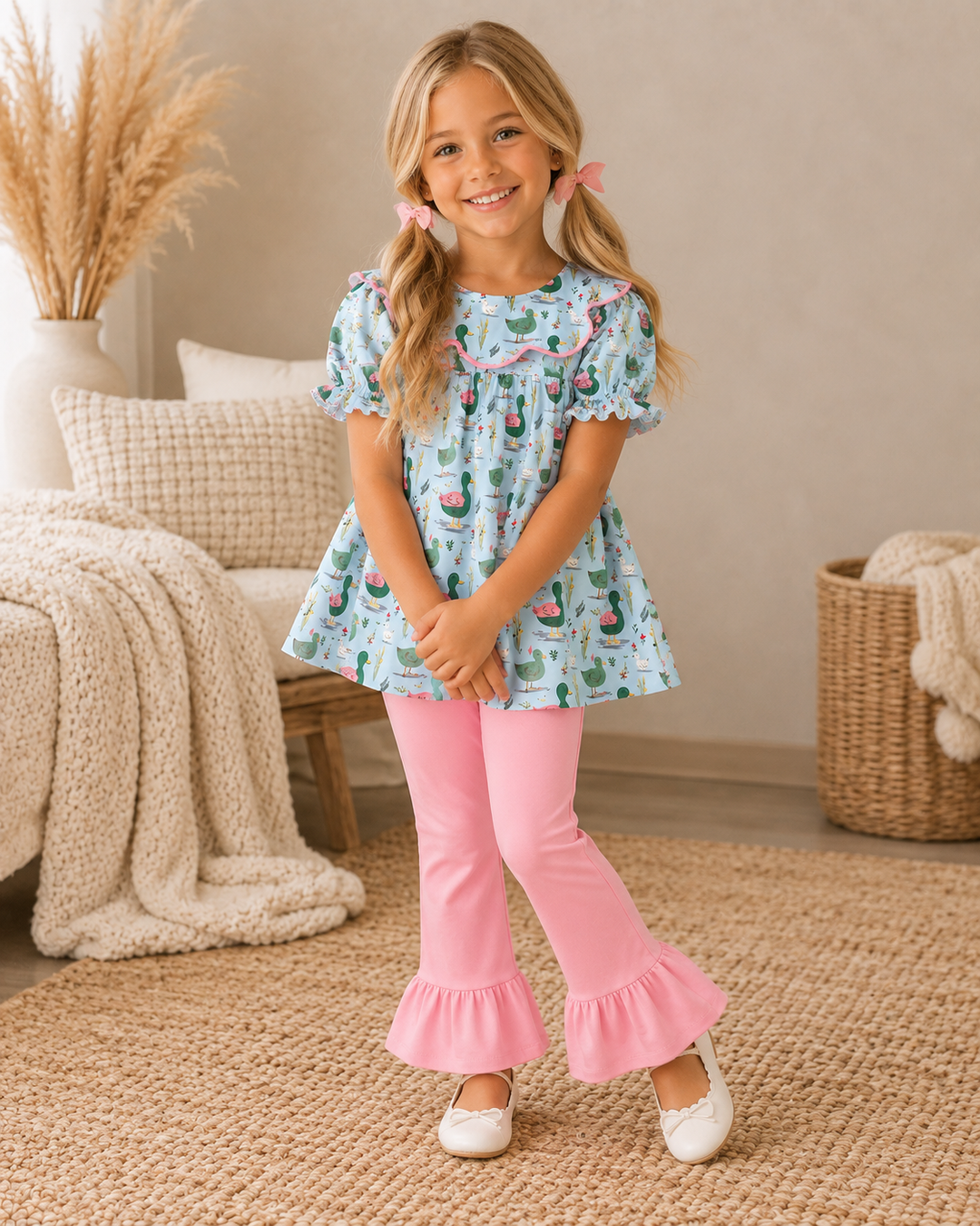 Young girl is wearing a Green Mallard Duck Ruffle Pants Set
