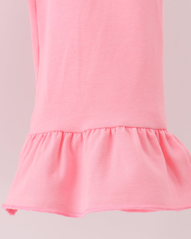 Pink ruffle hem pants with gathered elastic waistband