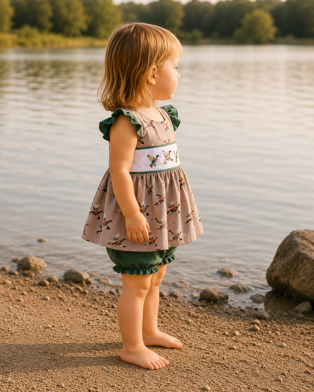 Young girl in a patterned dress standing by a lake