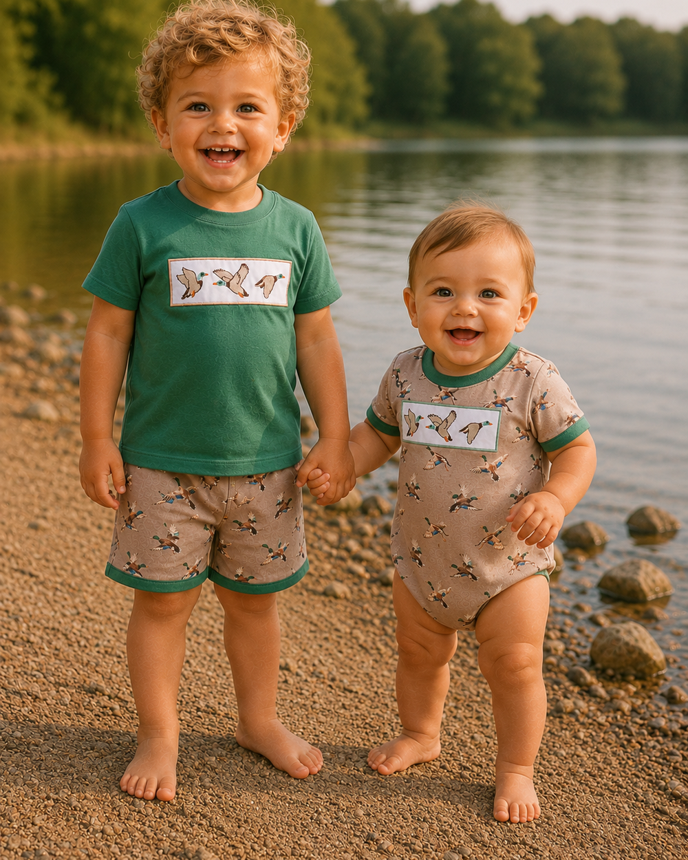 Two children holding hands on a beach with a lake in the background