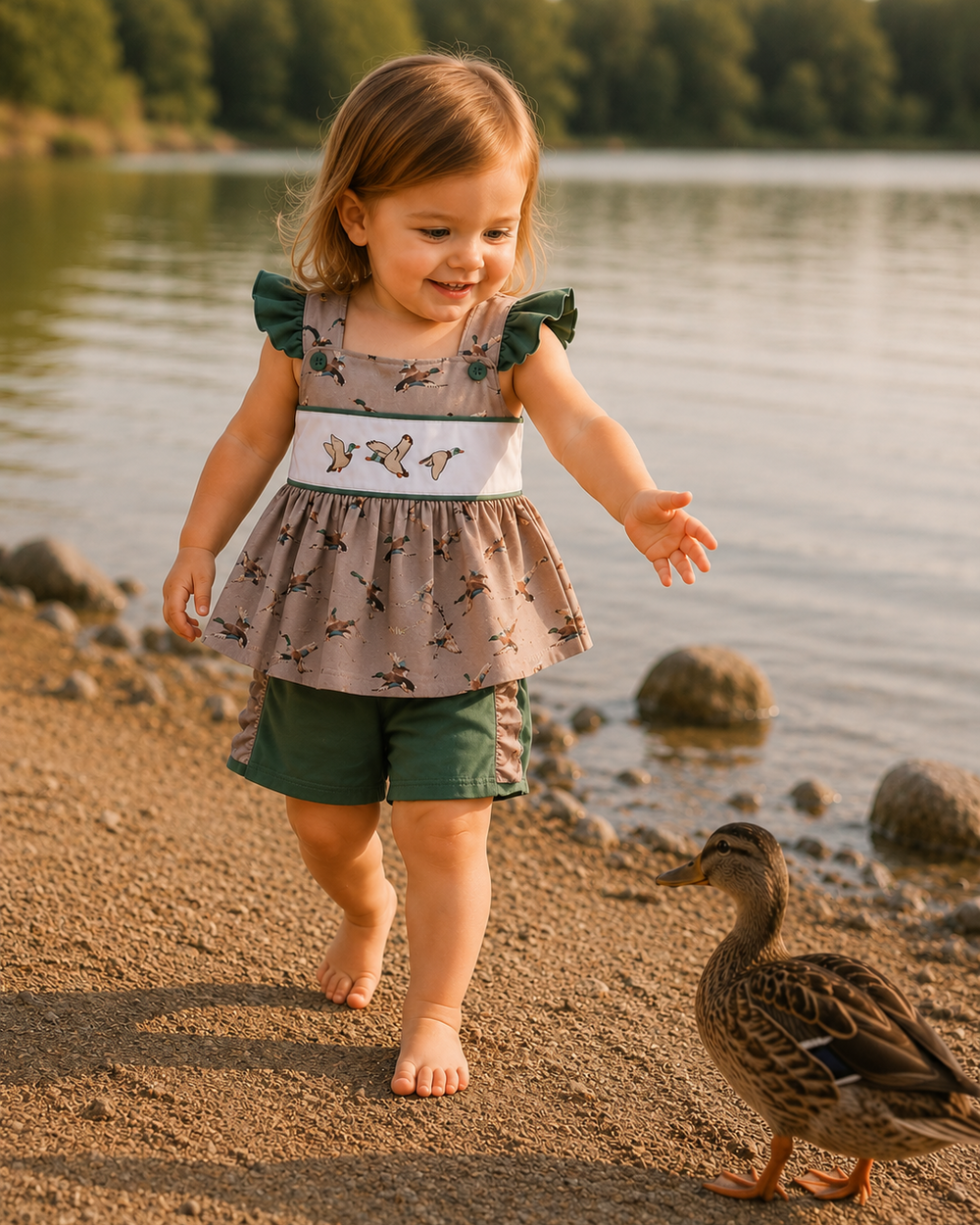 Child in a dress standing on a beach with a duck nearby