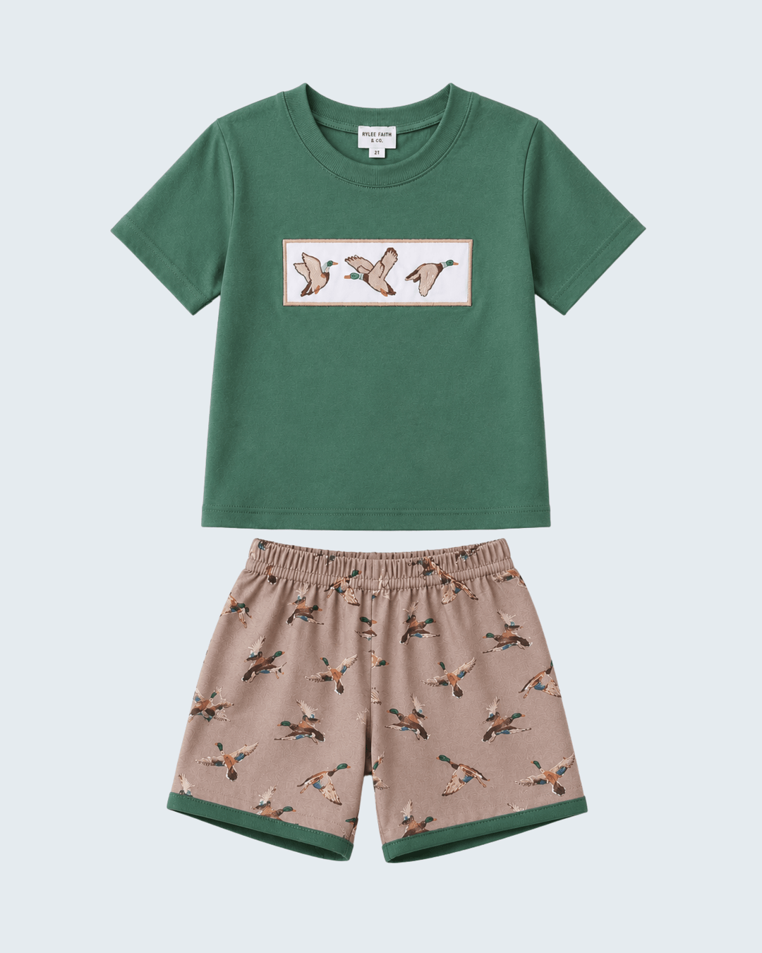 Children's green t-shirt and brown shorts set with duck pattern on a light blue background