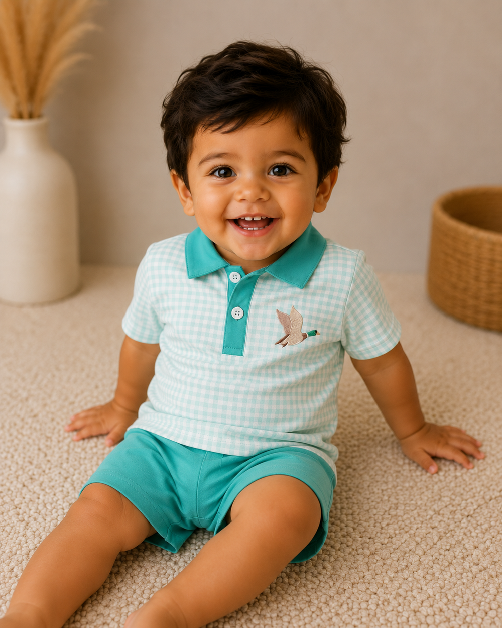 Child wearing a light blue checkered shirt with a green collar and matching shorts, sitting on a beige carpet.
