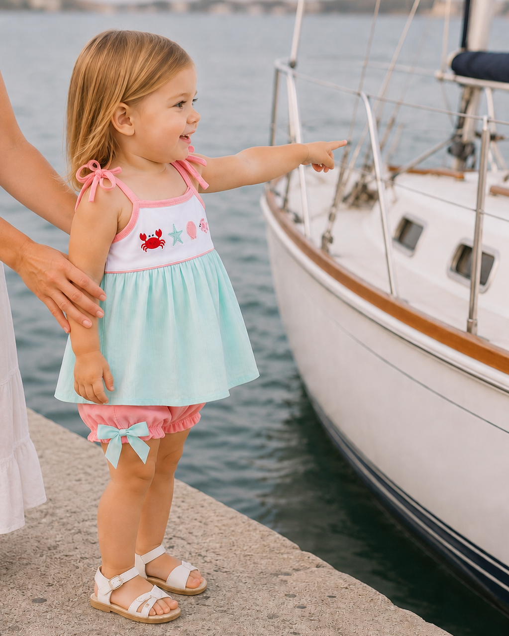 Child in a colorful dress pointing towards a sailboat on a dock.