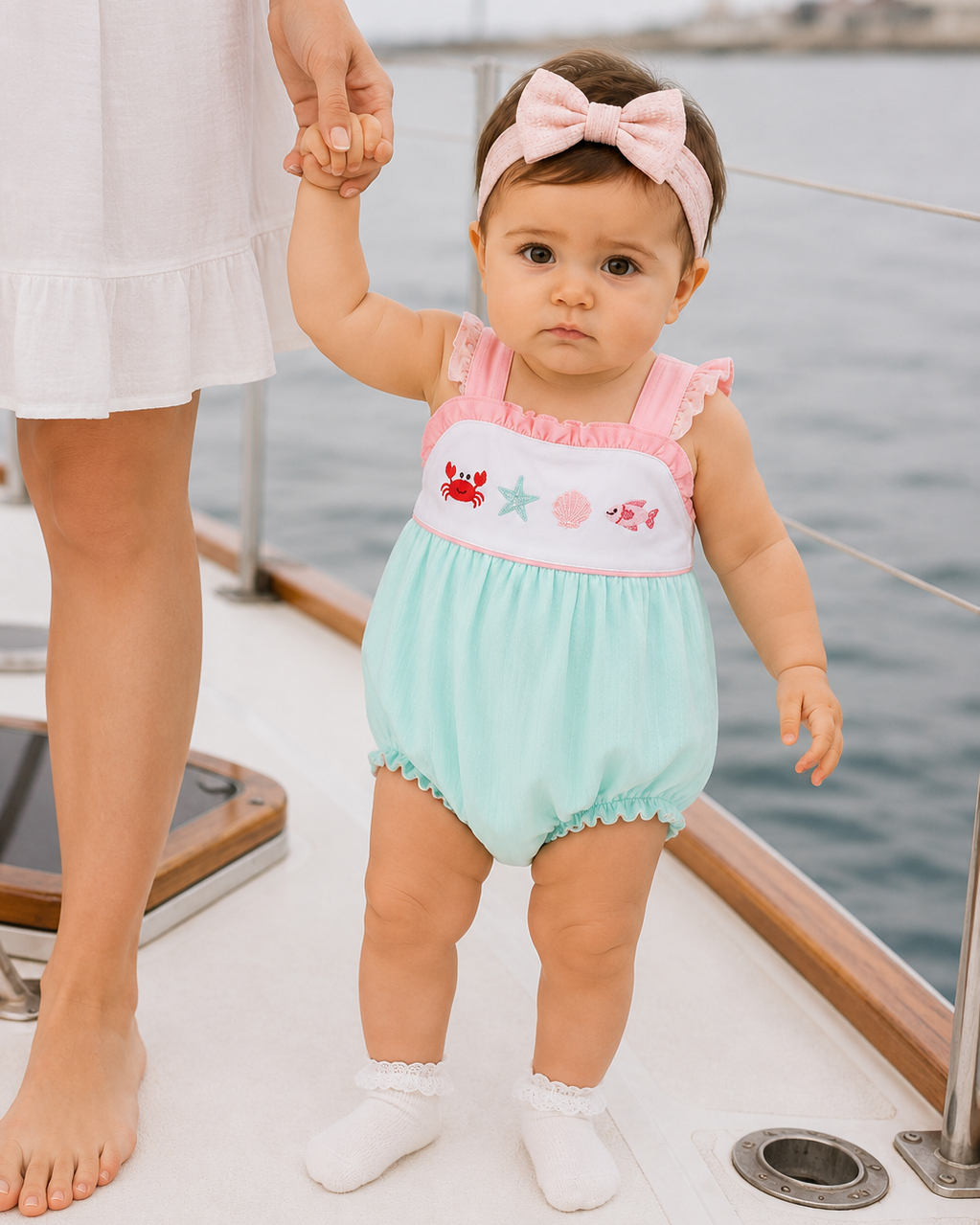 Baby in a light blue outfit with pink accents standing on a boat holding hands with an adult.