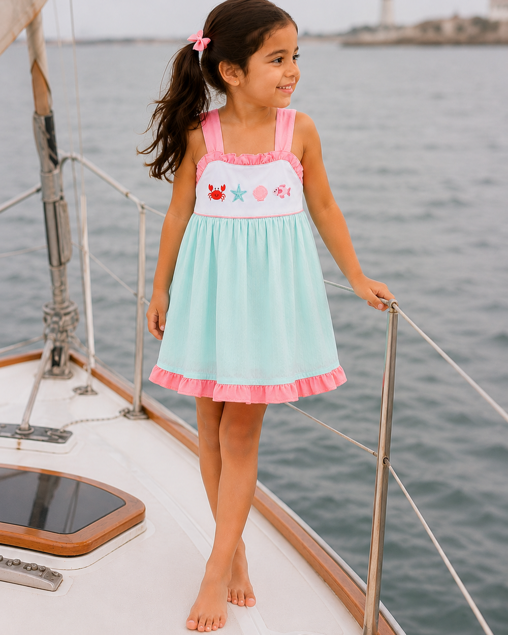 Young girl in a light blue dress with pink trim standing on a sailboat.