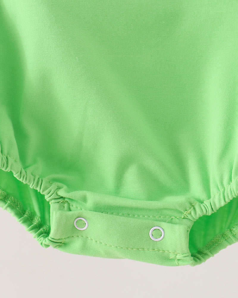 Green bubble romper with elastic leg hem and snap-button bottom