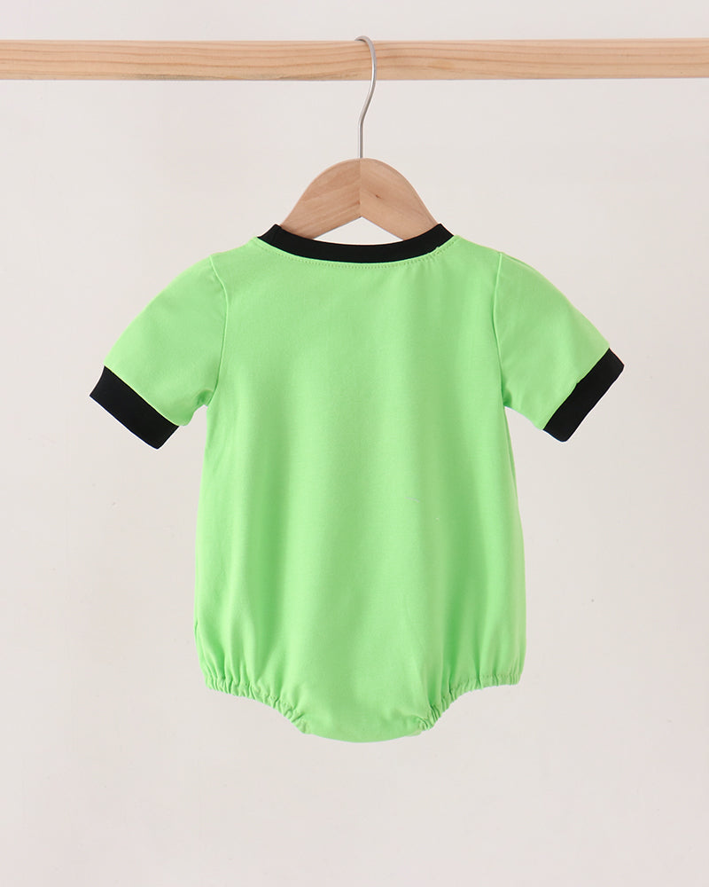 Green short-sleeve bubble romper with black collar and plain back