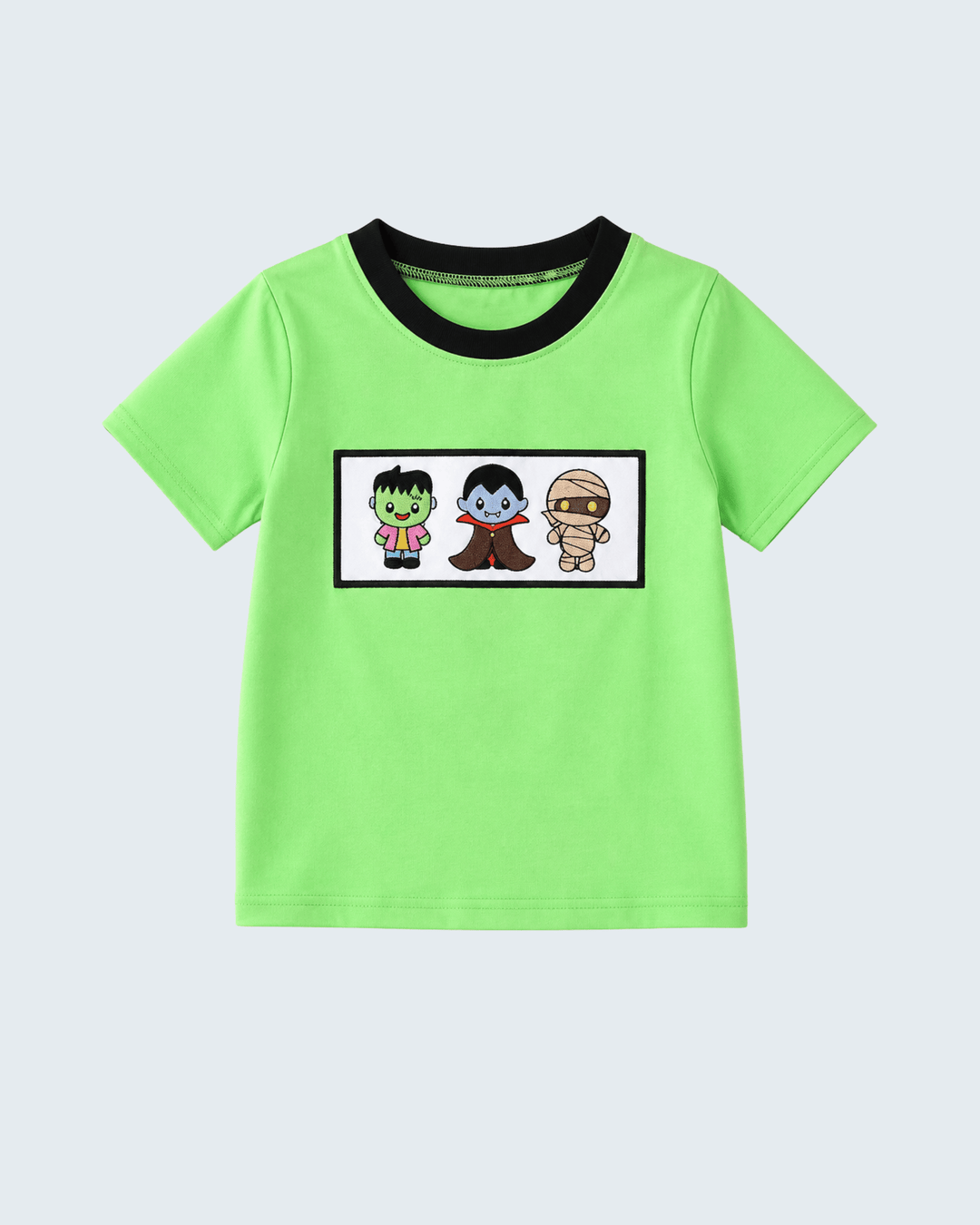 Kids lime-green embroidered graphic top with black collar and short sleeves
