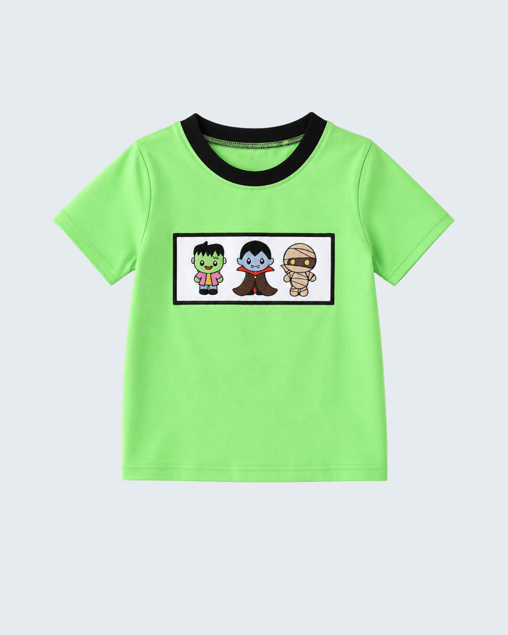 Kids lime-green embroidered graphic top with black collar and short sleeves