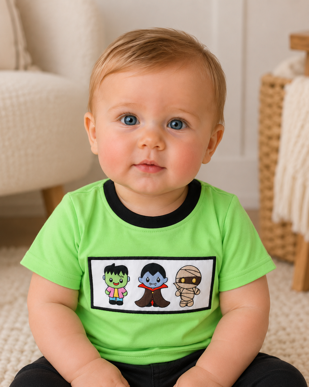 Kids lime-green embroidered graphic top with black trim and front panel