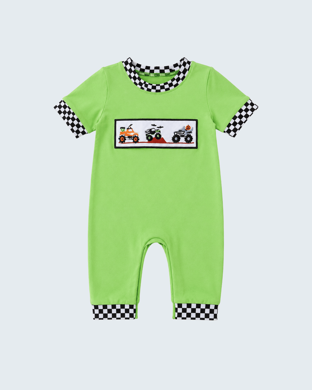 Green Monster Truck Checkered Romper