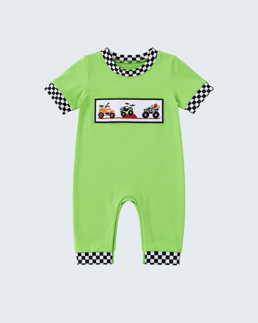 Green Monster Truck Checkered Romper