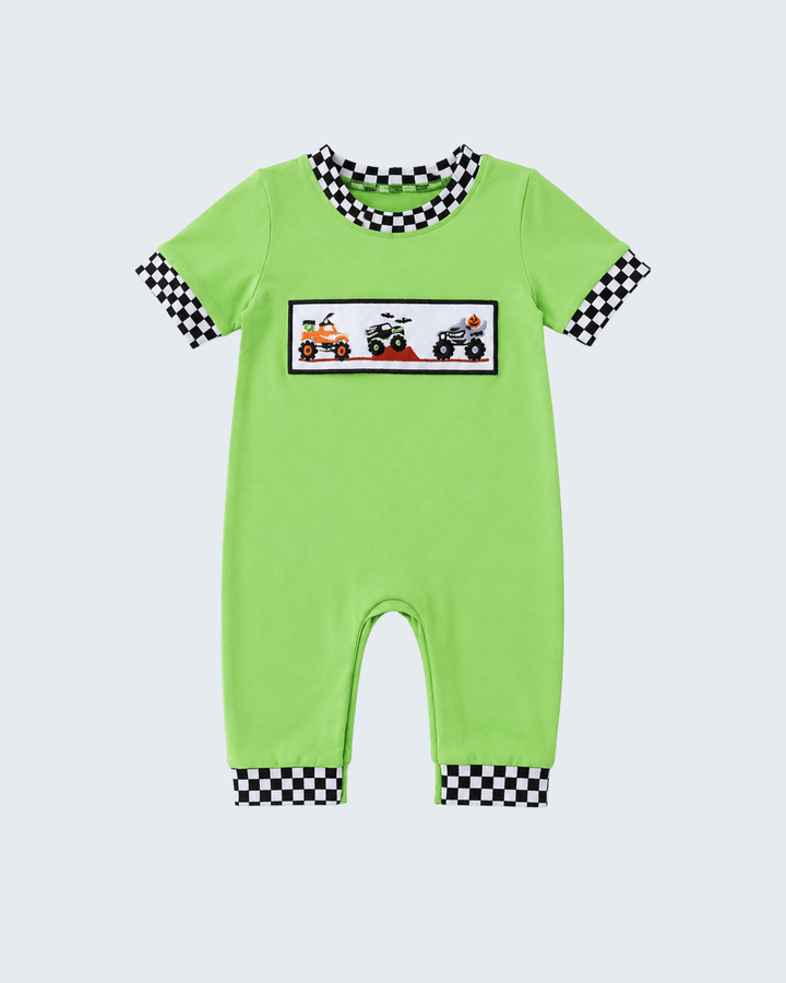 Green Monster Truck Checkered Romper