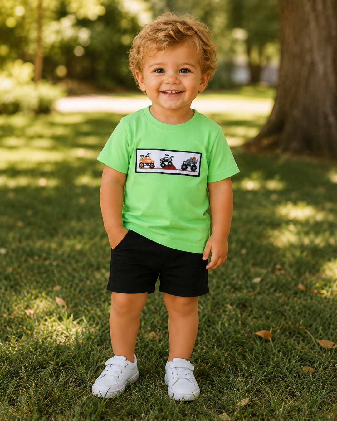 Young boy in a monster truck t-shirt is standing outside in a yard.