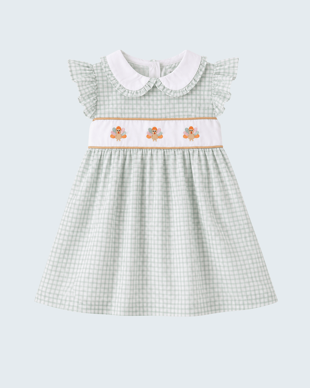 Green plaid ruffle dress with white Peter Pan collar and turkey embroidery
