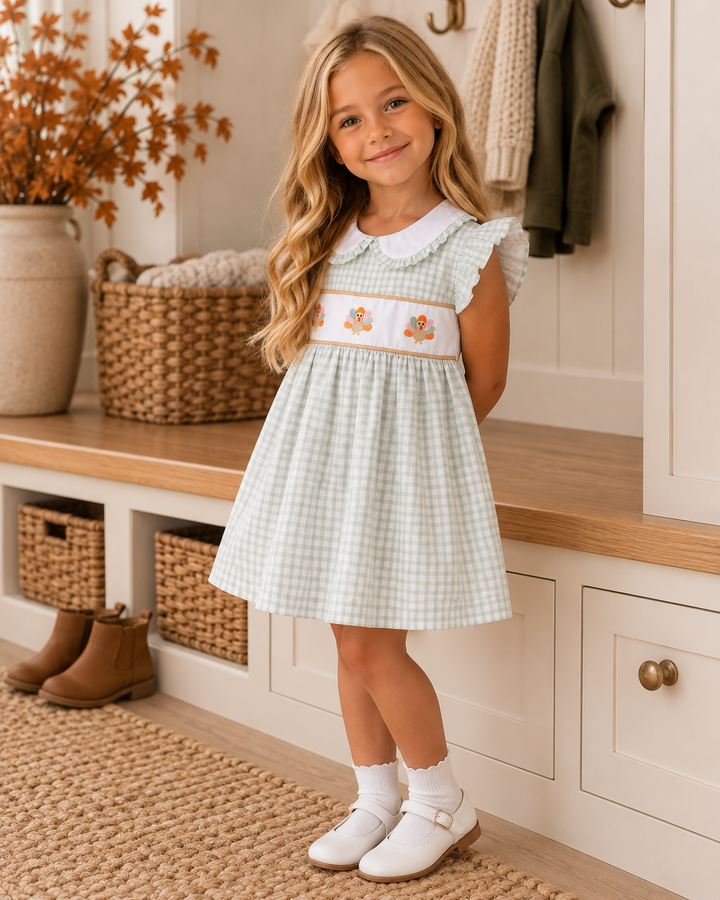 Green plaid baby dress with white Peter Pan collar, ruffle sleeves, and turkey embroidery